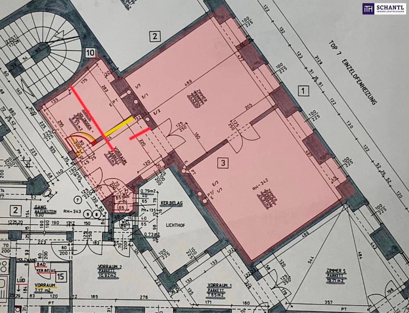 Grundriss einer Wohnung mit mehreren Zimmern und Treppenhauszugang.