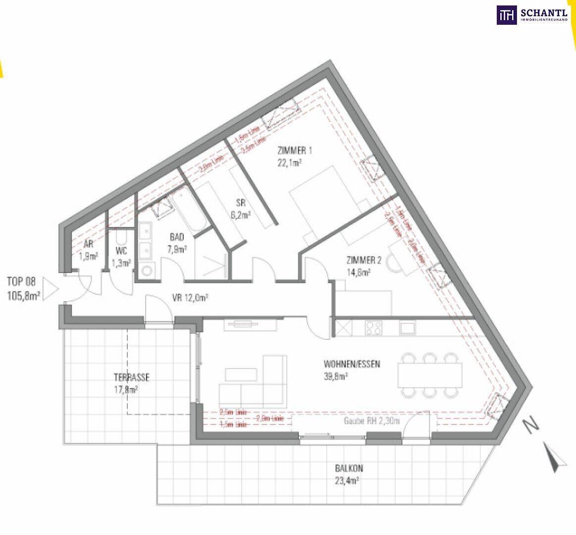 Grundriss der Wohnung TOP 08 mit Wohn-/Essbereich, zwei Zimmern, Bad, WC, Terrasse und Balkon.
