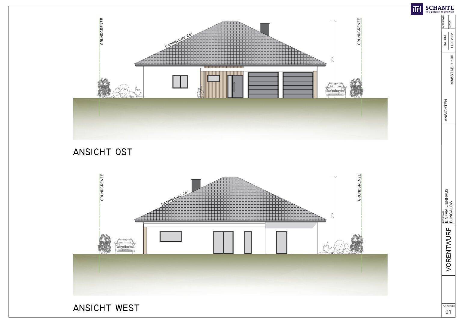 Ansichten Ost und West eines Einfamilienhauses im Bungalow-Stil mit Satteldach.