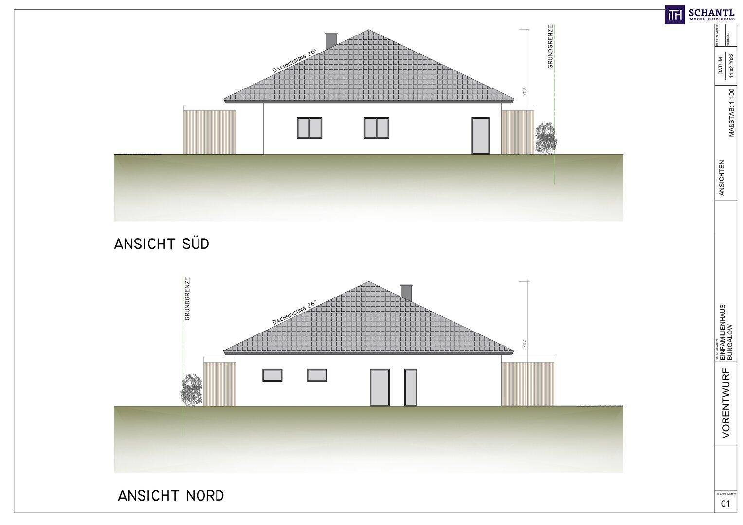 Architektonische Ansichten eines modernen Einfamilienhauses im Bungalow-Stil mit Satteldach.