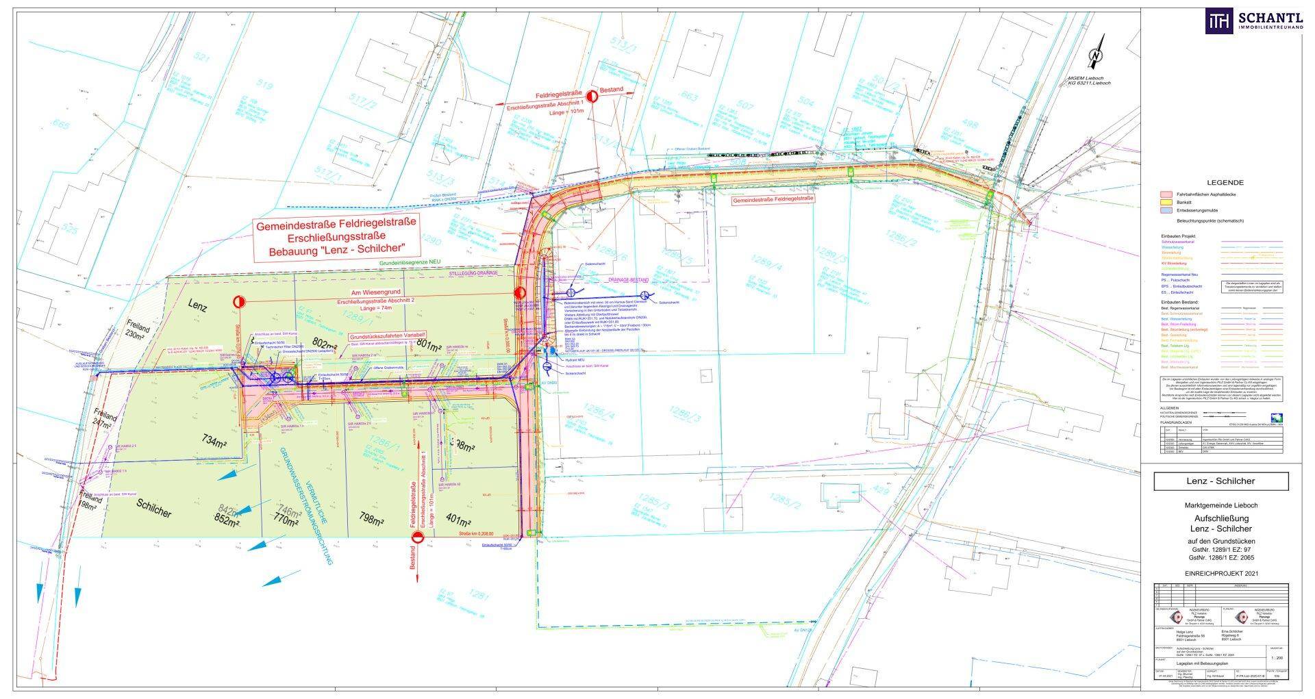 Detaillierter Plan der Erschließungsstraße und Infrastruktur für das Baugebiet.