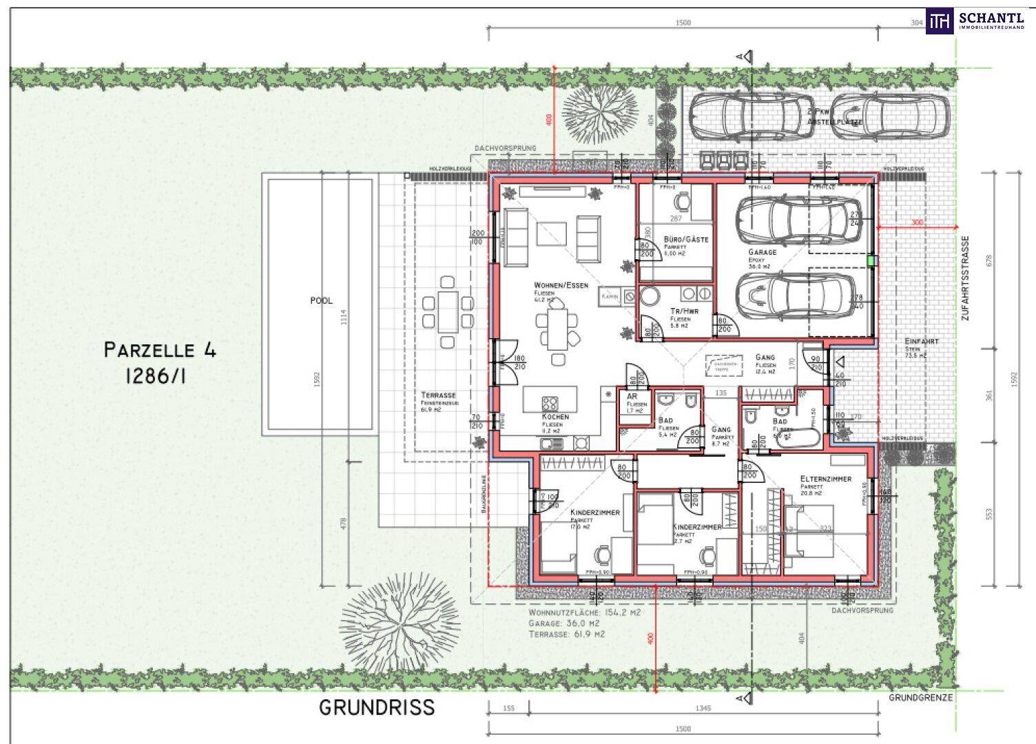Detaillierter Grundriss eines Einfamilienhauses mit Pool, Terrasse und Doppelgarage.