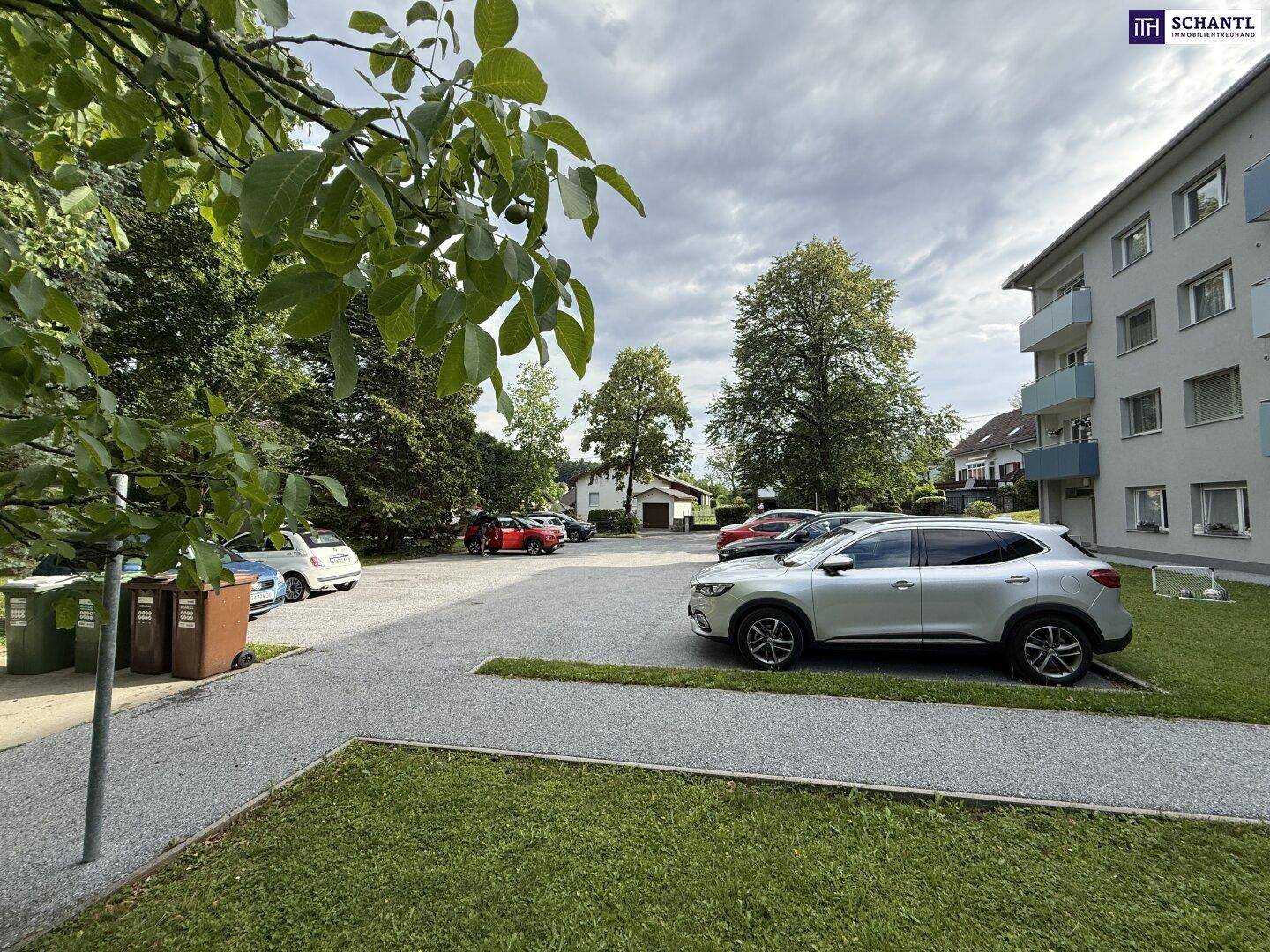 Außenbereich mit Parkplätzen für Fahrzeuge, umgeben von Bäumen und Grünflächen.