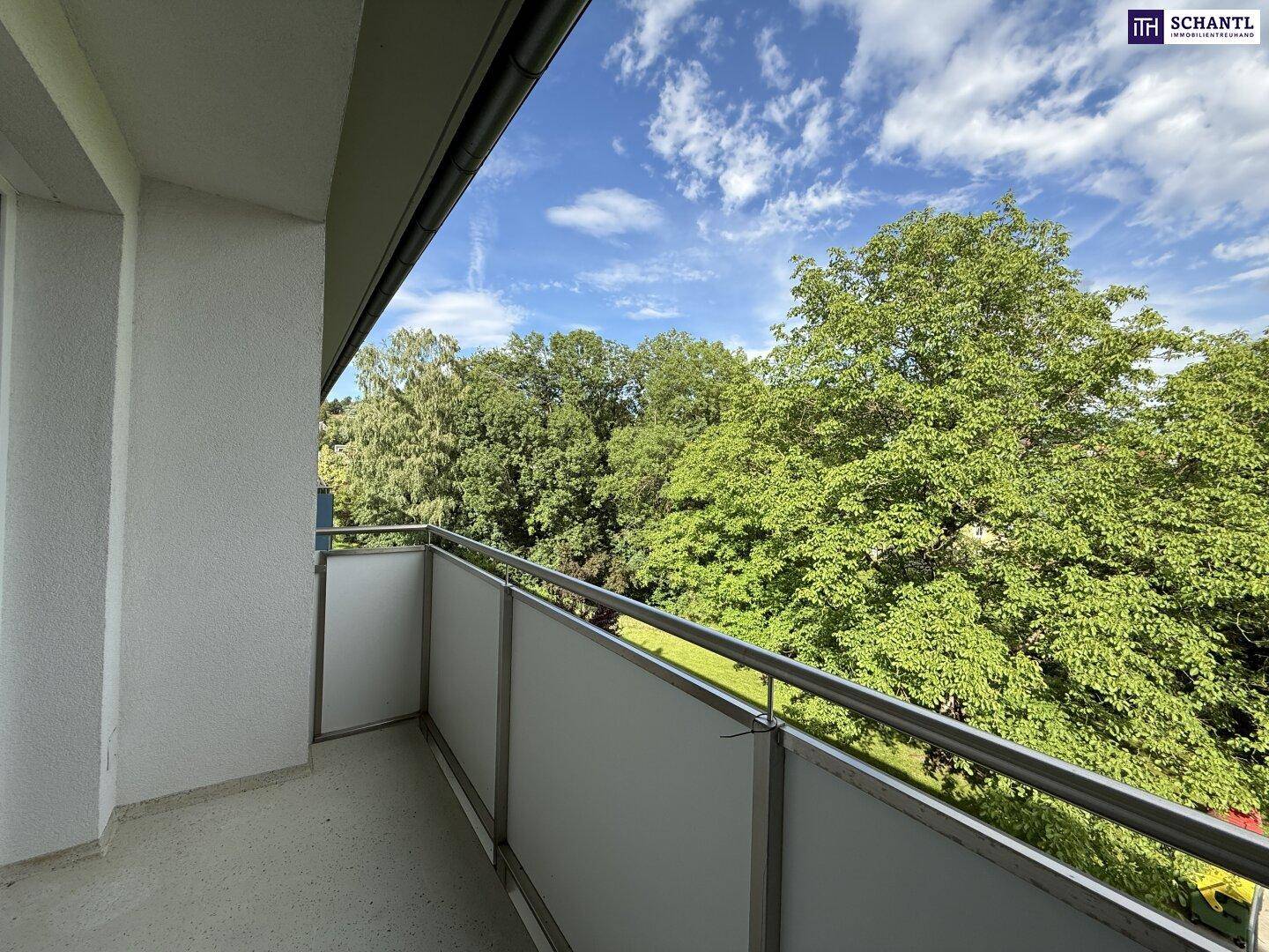 Heller Balkon mit schöner Aussicht auf die umliegende grüne Natur und den Himmel.