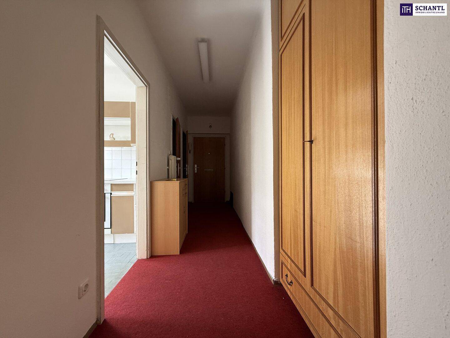 Langer Flur mit rotem Teppichboden und praktischen Einbauschränken aus Holz.