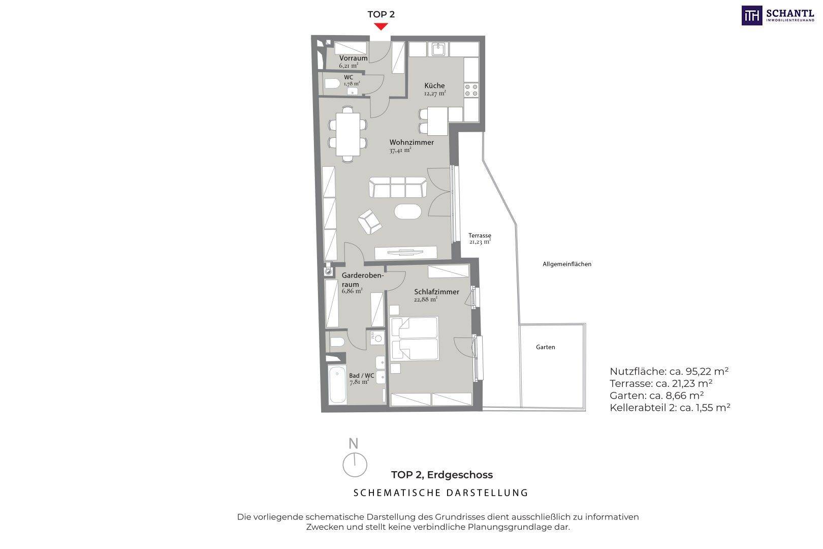 Grundriss der Wohnung mit Aufteilung in Wohnzimmer, Küche, Schlafzimmer und Terrasse.