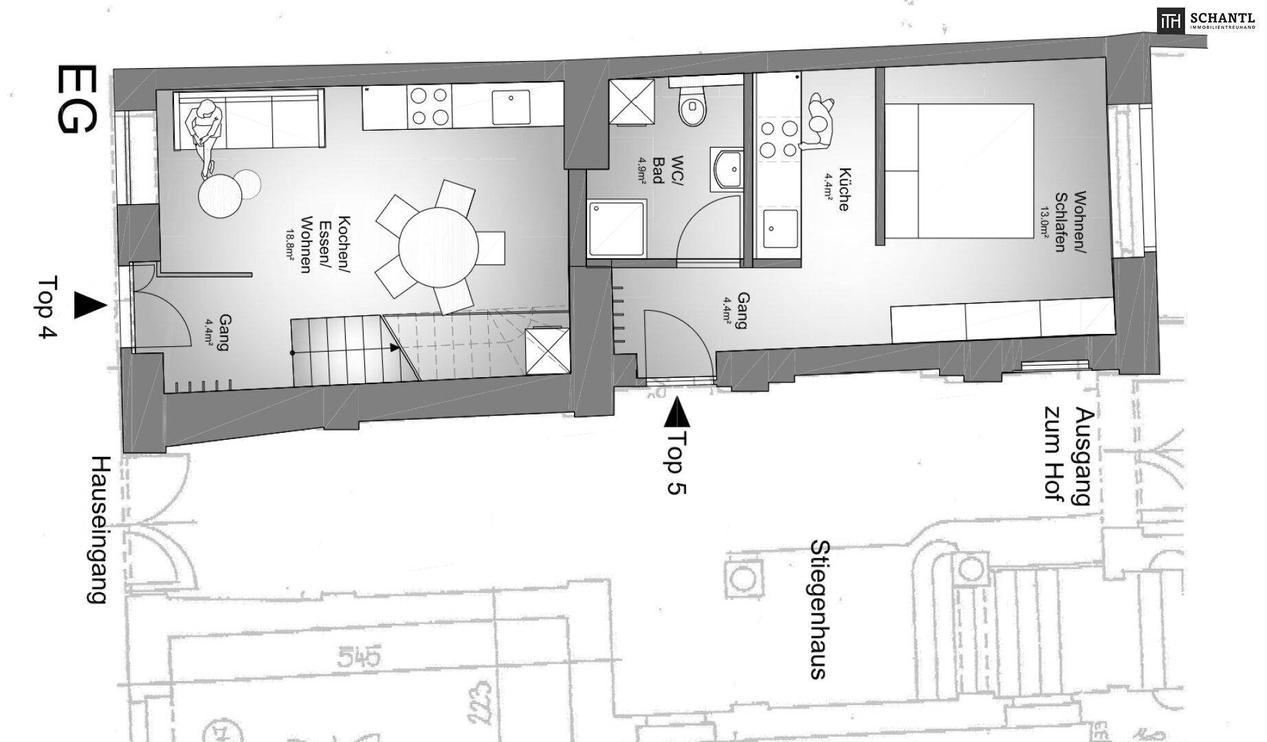 Grundriss des Erdgeschosses mit offener Küche, Wohnbereich, Schlafzimmer und Bad.