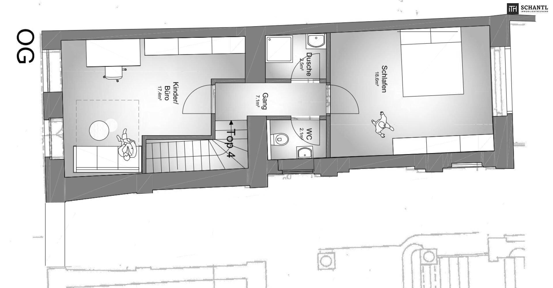 Grundriss des Obergeschosses mit Schlafzimmer, Kinder-/Bürozimmer und Bad mit Dusche.