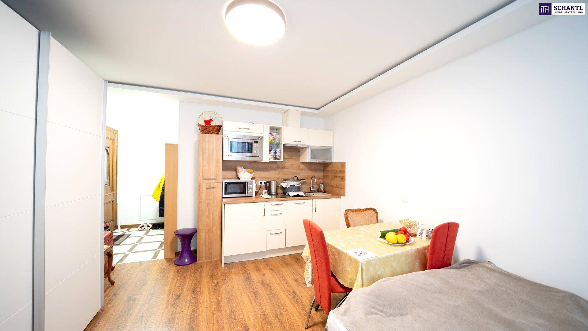 Heller Wohn-Schlafbereich mit integrierter Küchenzeile und Esstisch.
