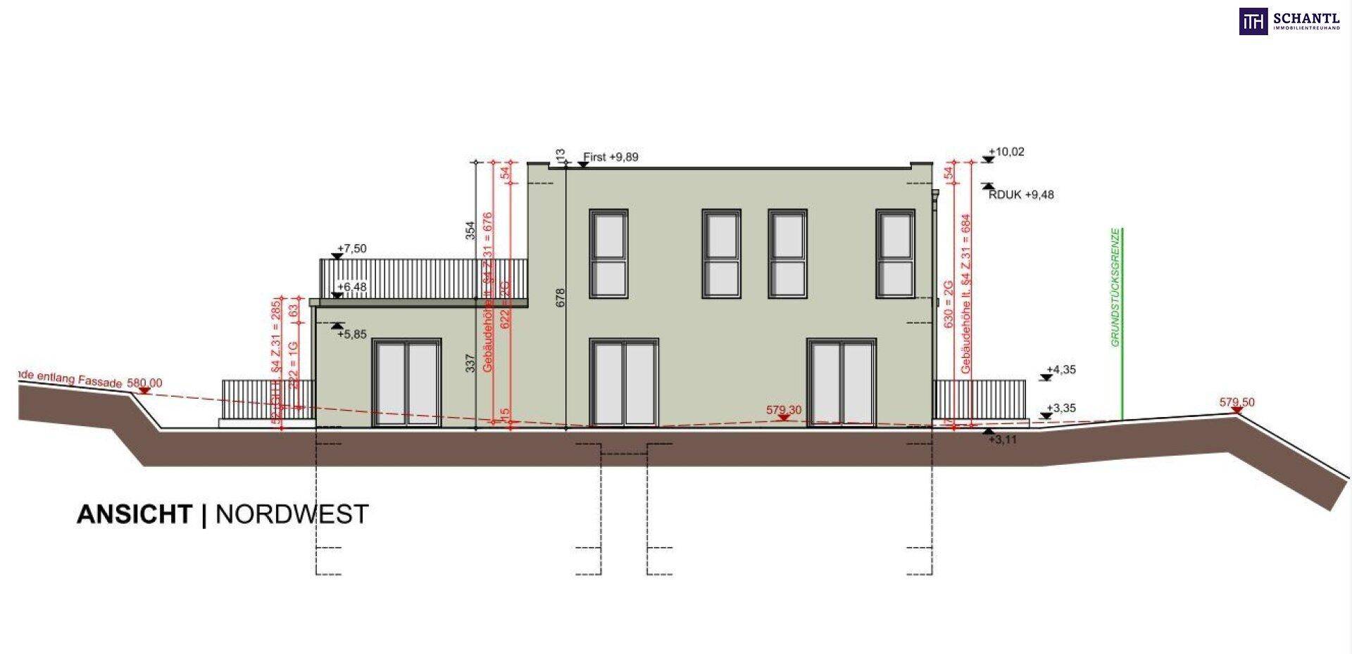 Architektonische Nordwest-Ansicht des Gebäudes mit Balkon und Fensterfronten.