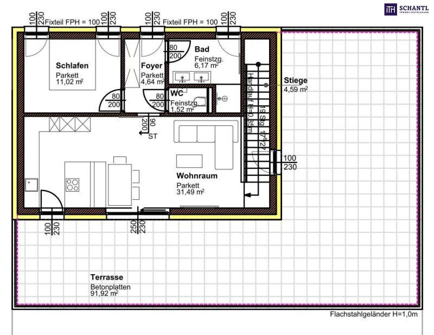 Grundriss des Erdgeschosses mit Schlafzimmer, Bad, Wohnraum und großer Terrasse.