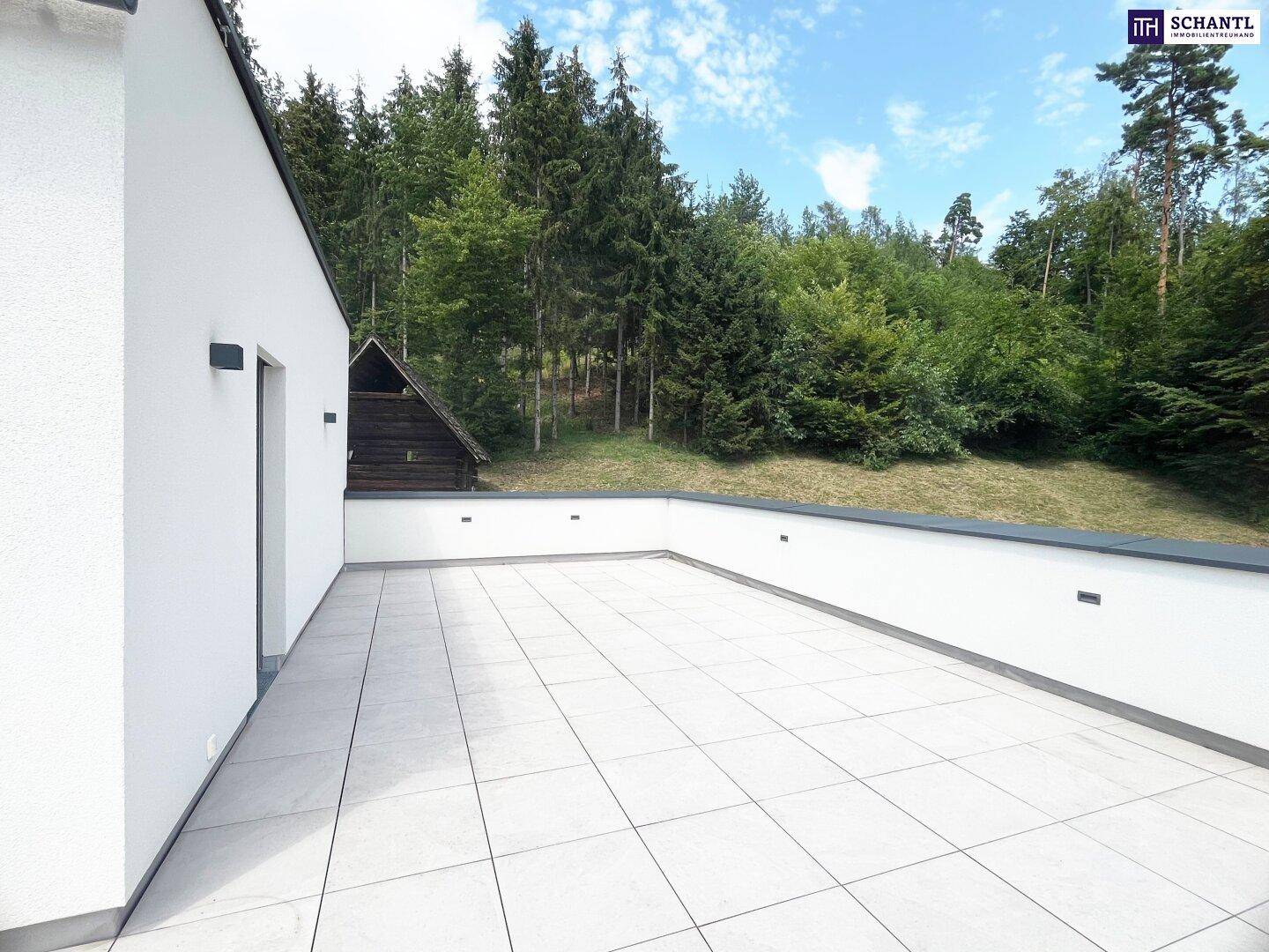 Helle, geflieste Terrasse mit Blick auf den angrenzenden Wald und ein rustikales Holzhaus.