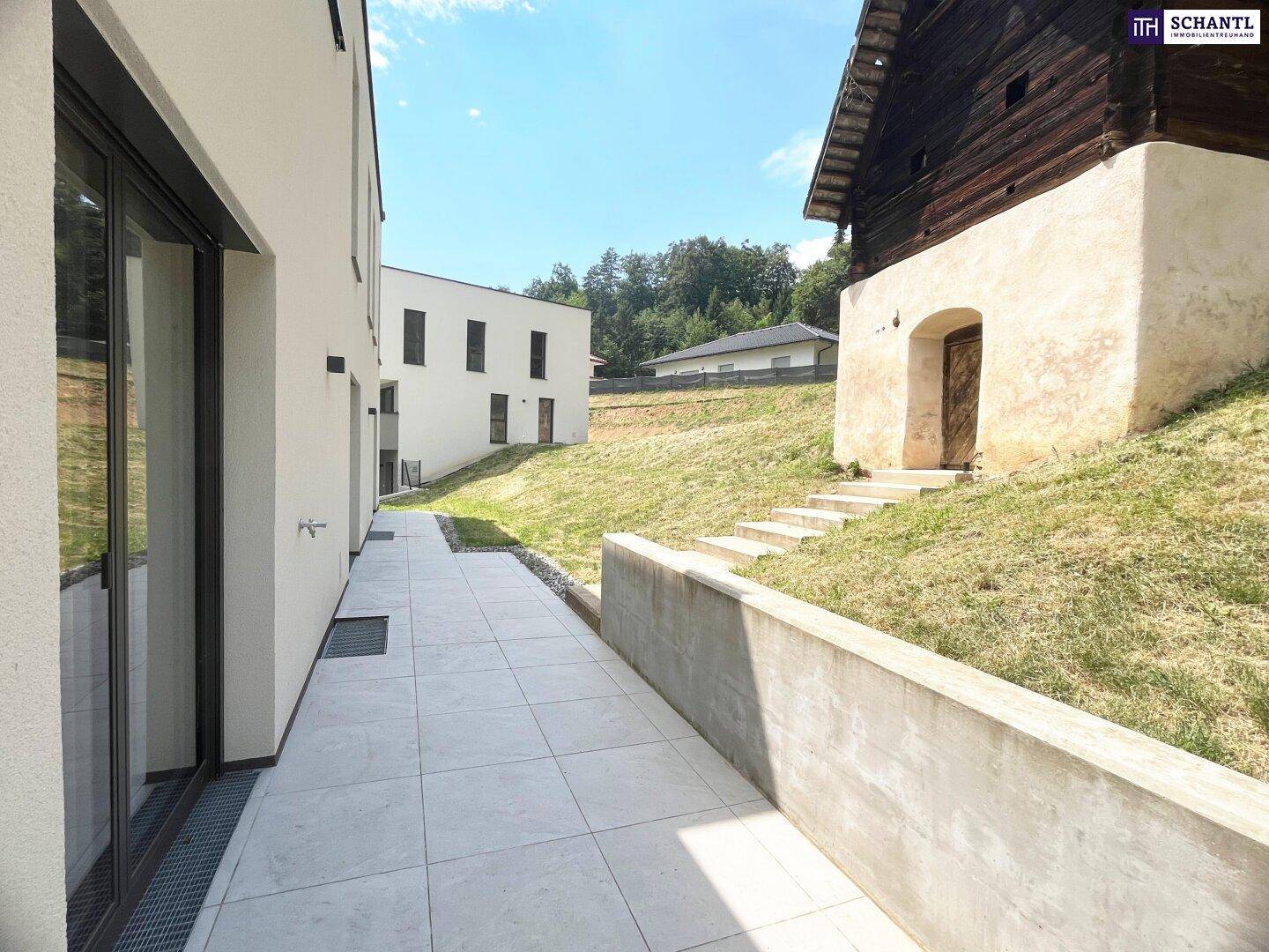 Seitlicher Außenbereich mit gefliester Terrasse und angrenzender Grünfläche.