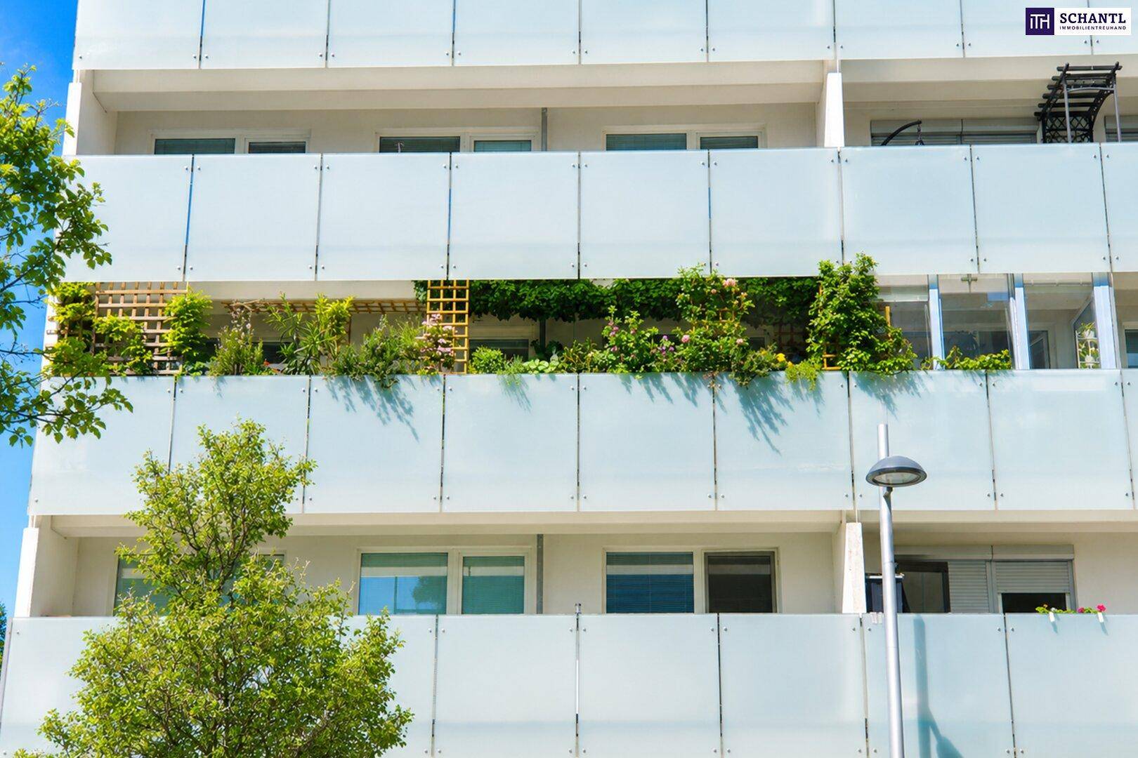 Moderne Wohnhausfassade mit verglasten Balkonen und üppiger Bepflanzung.