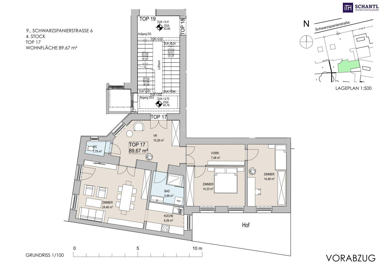 Grundriss der Wohnung Top 17 mit 89,67 m² Wohnfläche, drei Zimmern und offenem Wohnbereich.