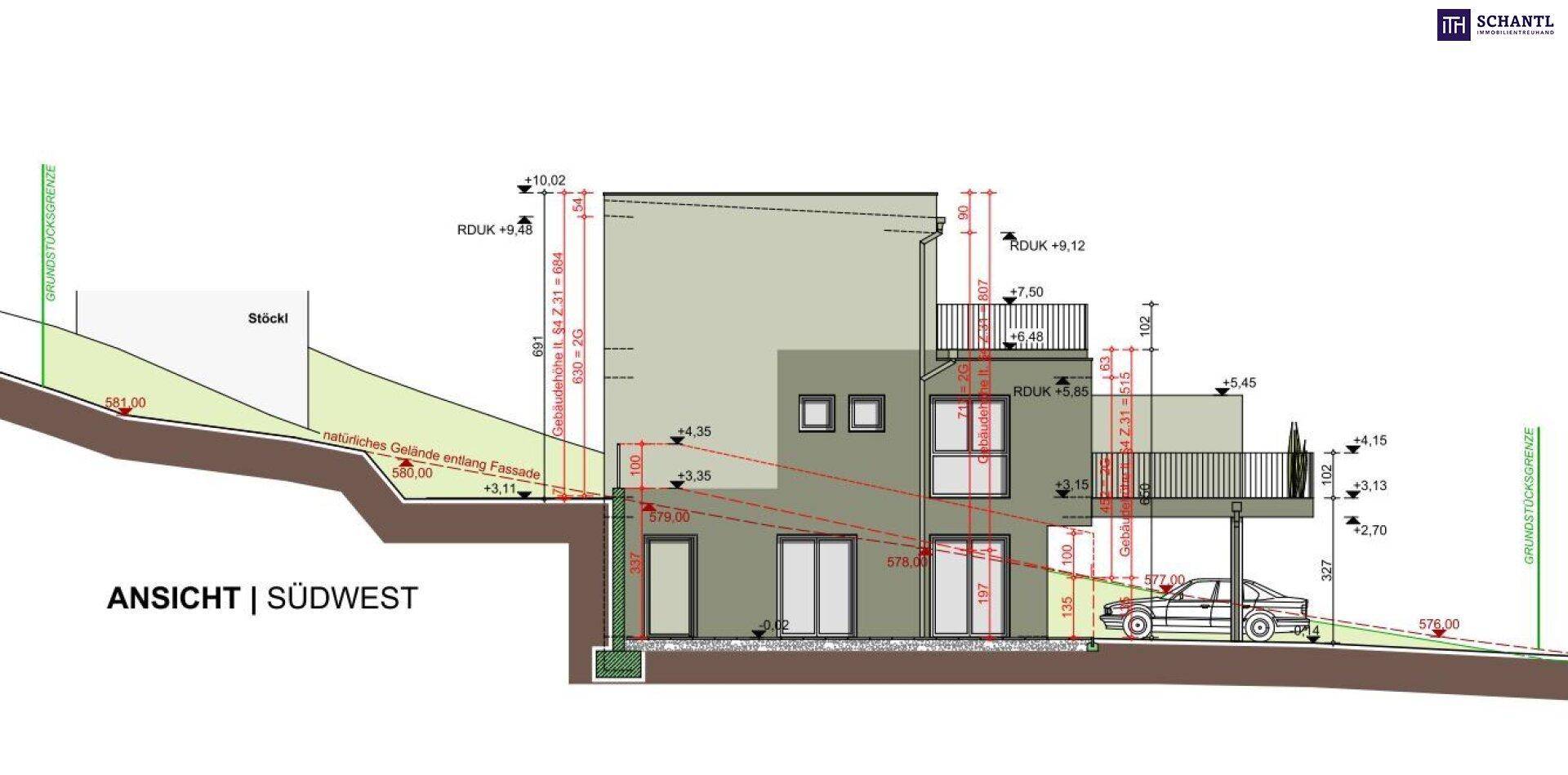 Architektonische Ansicht des Gebäudes mit Höhenangaben, Balkonen und Hanglage.
