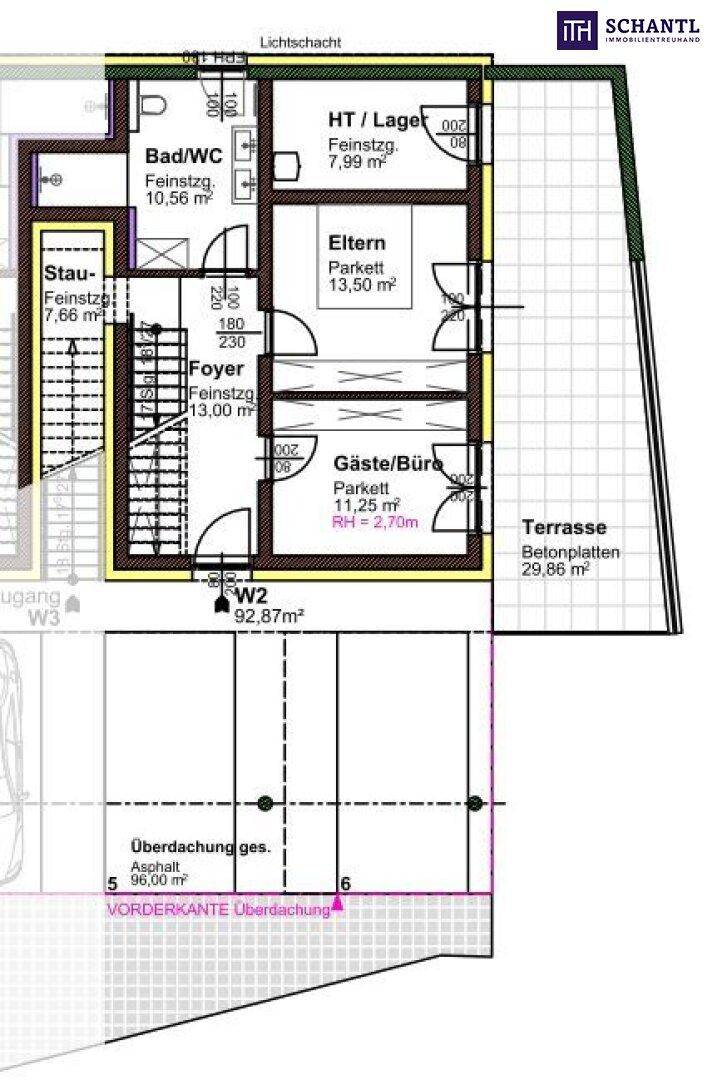 Grundriss des Obergeschosses mit Schlafzimmern, Bad und Terrasse, sowie Carport-Zugang.