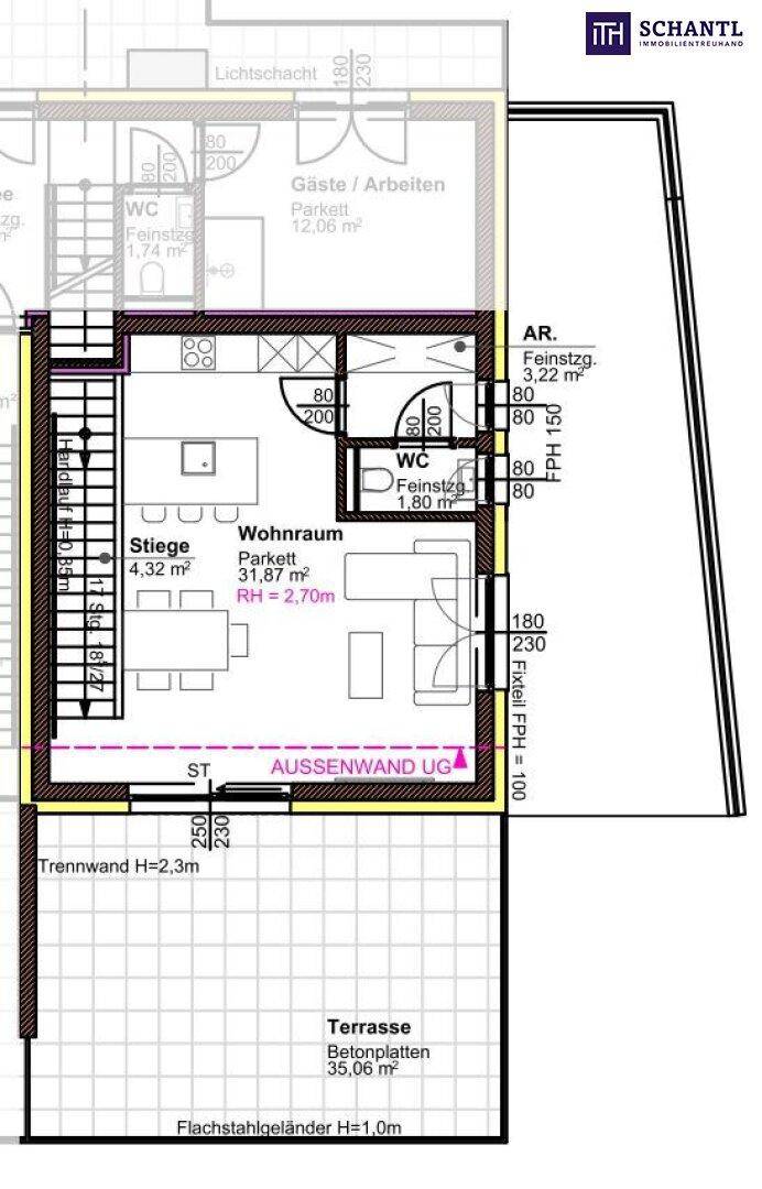 Grundriss des Erdgeschosses mit Wohnraum, WC und Terrasse, offen gestaltet für modernes Wohnen.