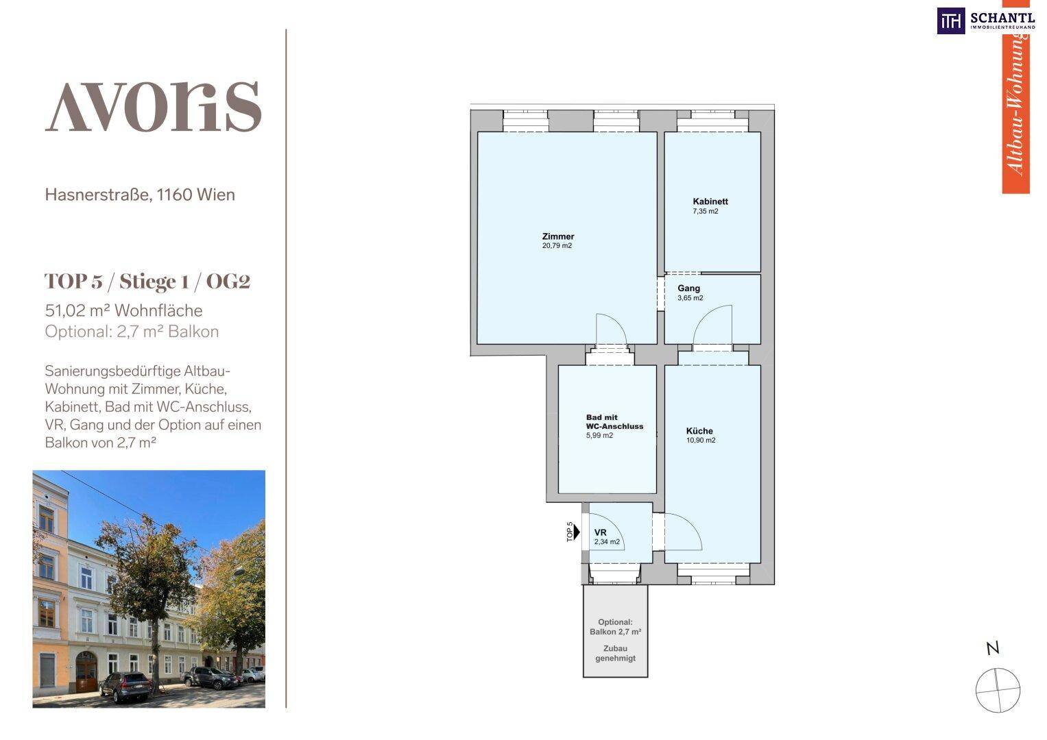 Grundriss einer Altbau-Wohnung mit Zimmer, Kabinett, Bad, Küche, Vorraum, Gang und optionalem Balkon.