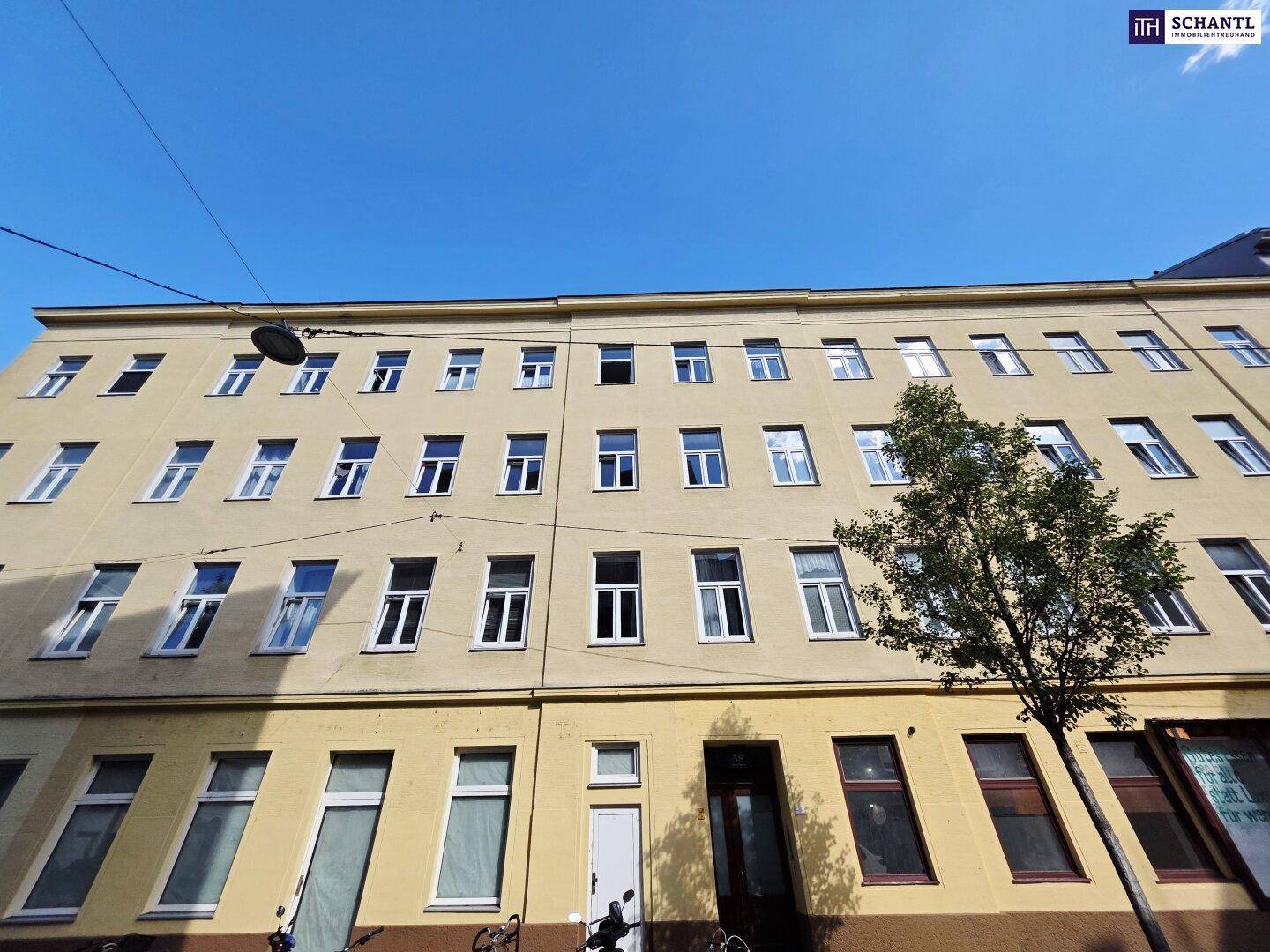 Vorderansicht des gelben Gebäudes mit vielen Fenstern und einer klaren, modernen Architektur.
