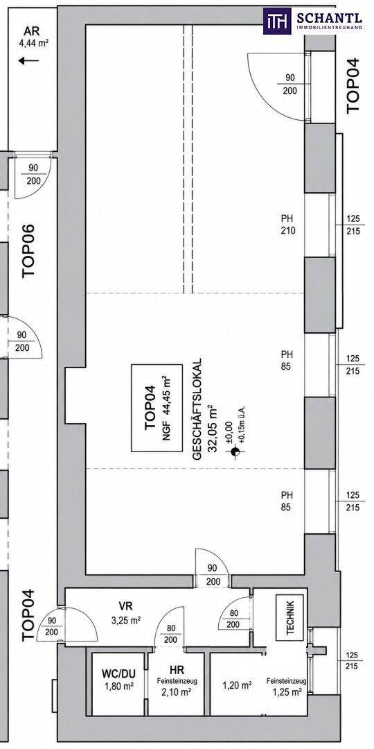 Grundriss eines Geschäftslokals mit 44,45 m² Nutzfläche, inklusive WC und Technikraum.