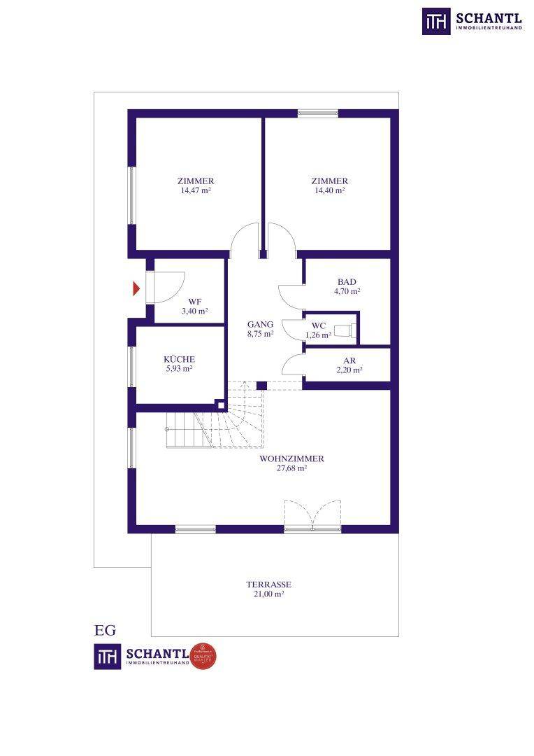 Grundriss des Erdgeschosses mit Wohnzimmer, Küche, Bad und Terrasse.