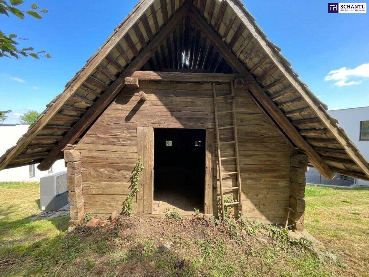 Rustikales Holzgebäude mit traditionellem Dach und Leiter an der Fassade.
