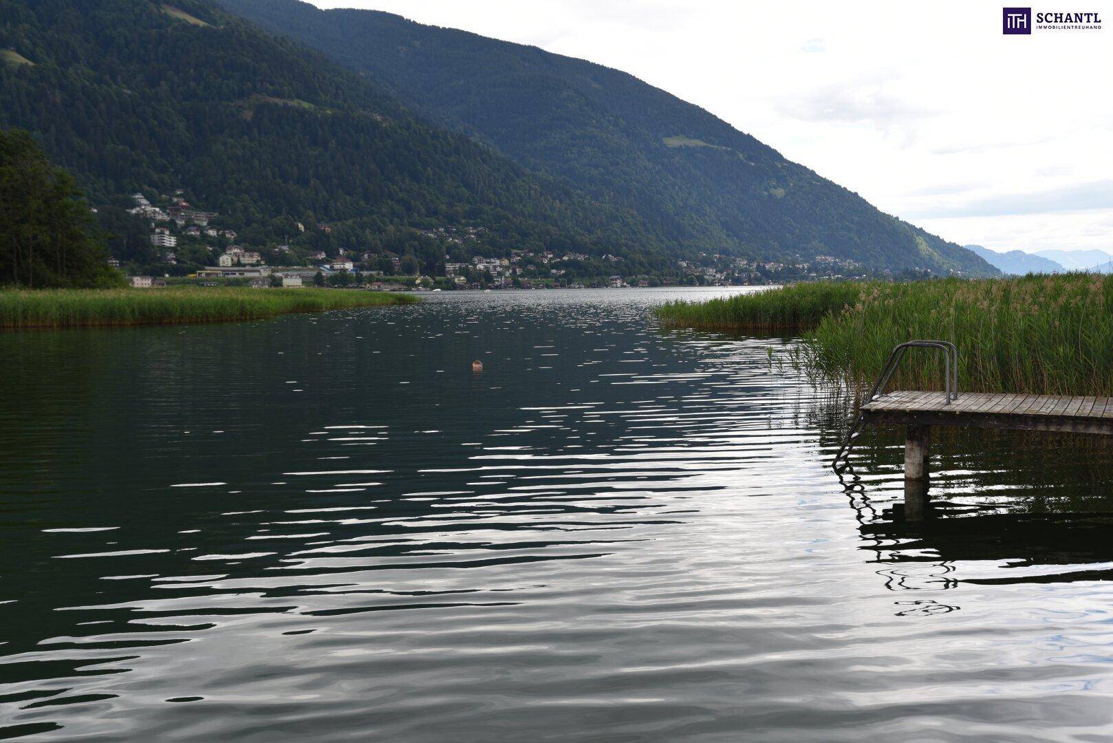 Weitläufiger Blick über den See mit bewaldeten Berghängen und einem kleinen Steg am Ufer.