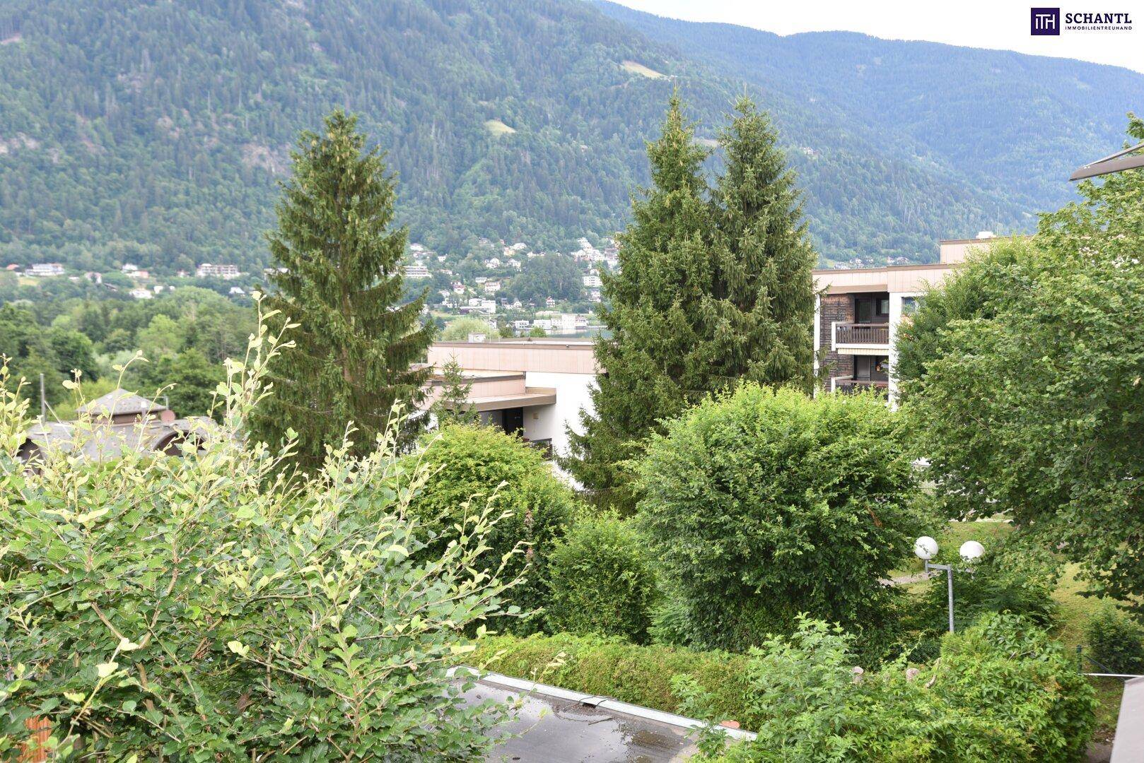 Ausblick auf eine grüne Landschaft mit hohen Bäumen und Gebäuden im Hintergrund, unter bewölktem Himmel.