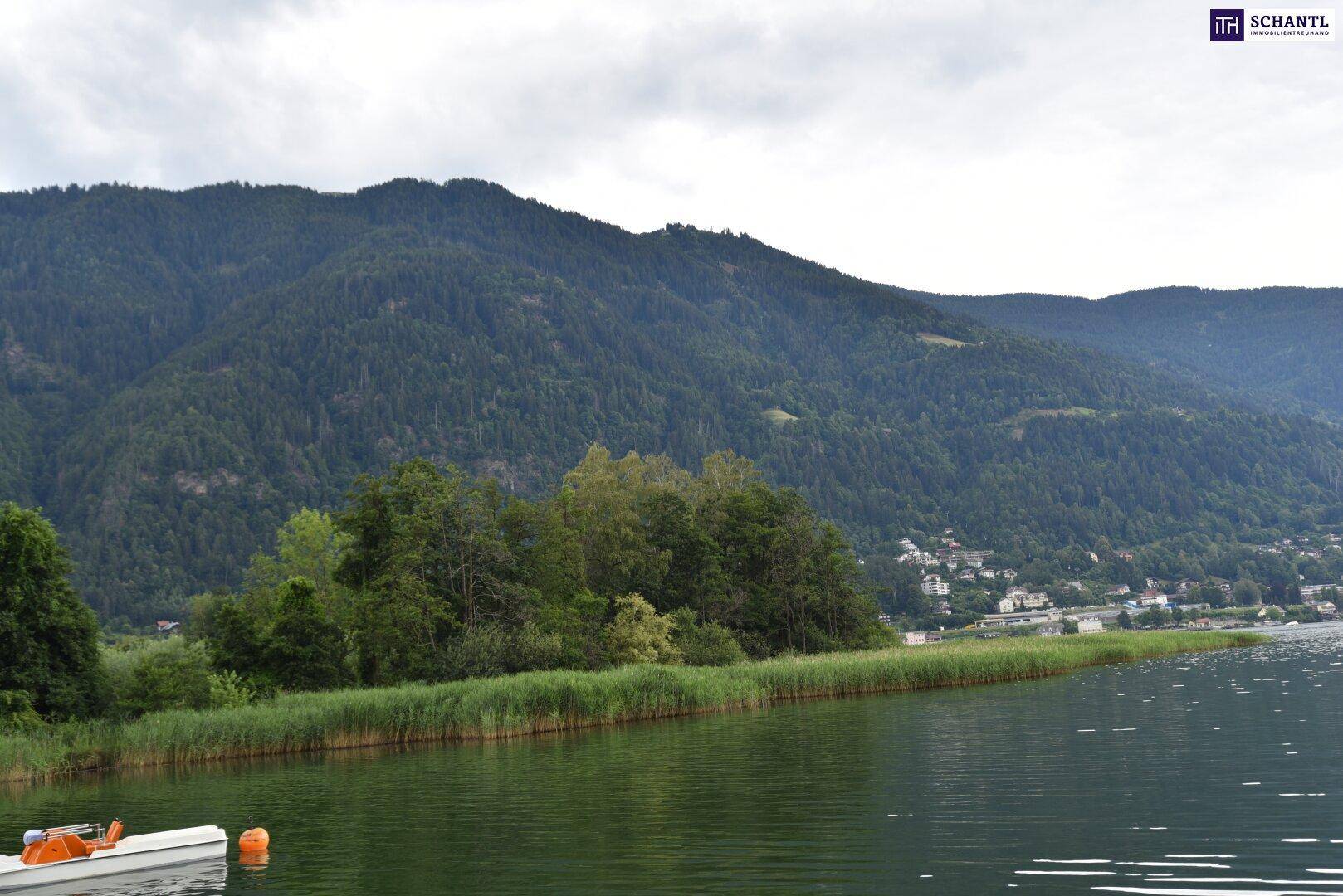 Ruhiger See umgeben von Schilf und bewaldeten Bergen, mit einem kleinen Boot im Wasser.