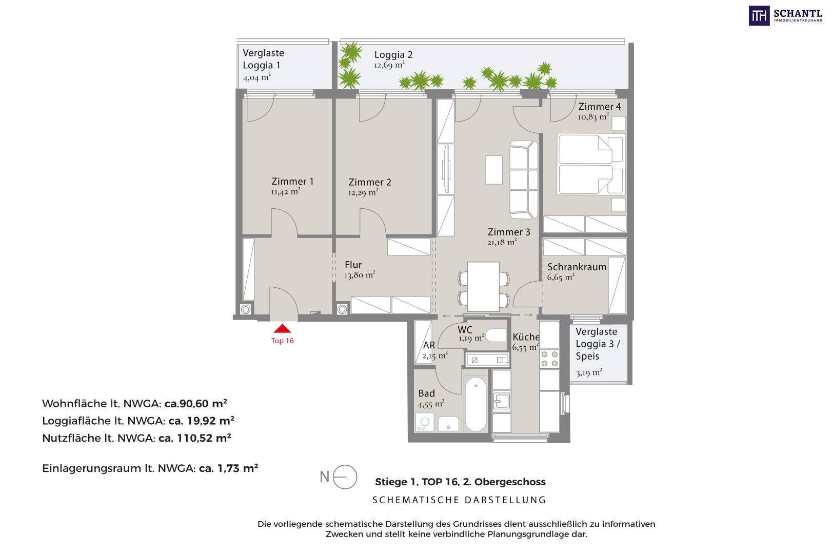 Grundriss einer Wohnung mit drei Schlafzimmern, einem Wohn-Essbereich, separater Küche und mehreren Loggien.