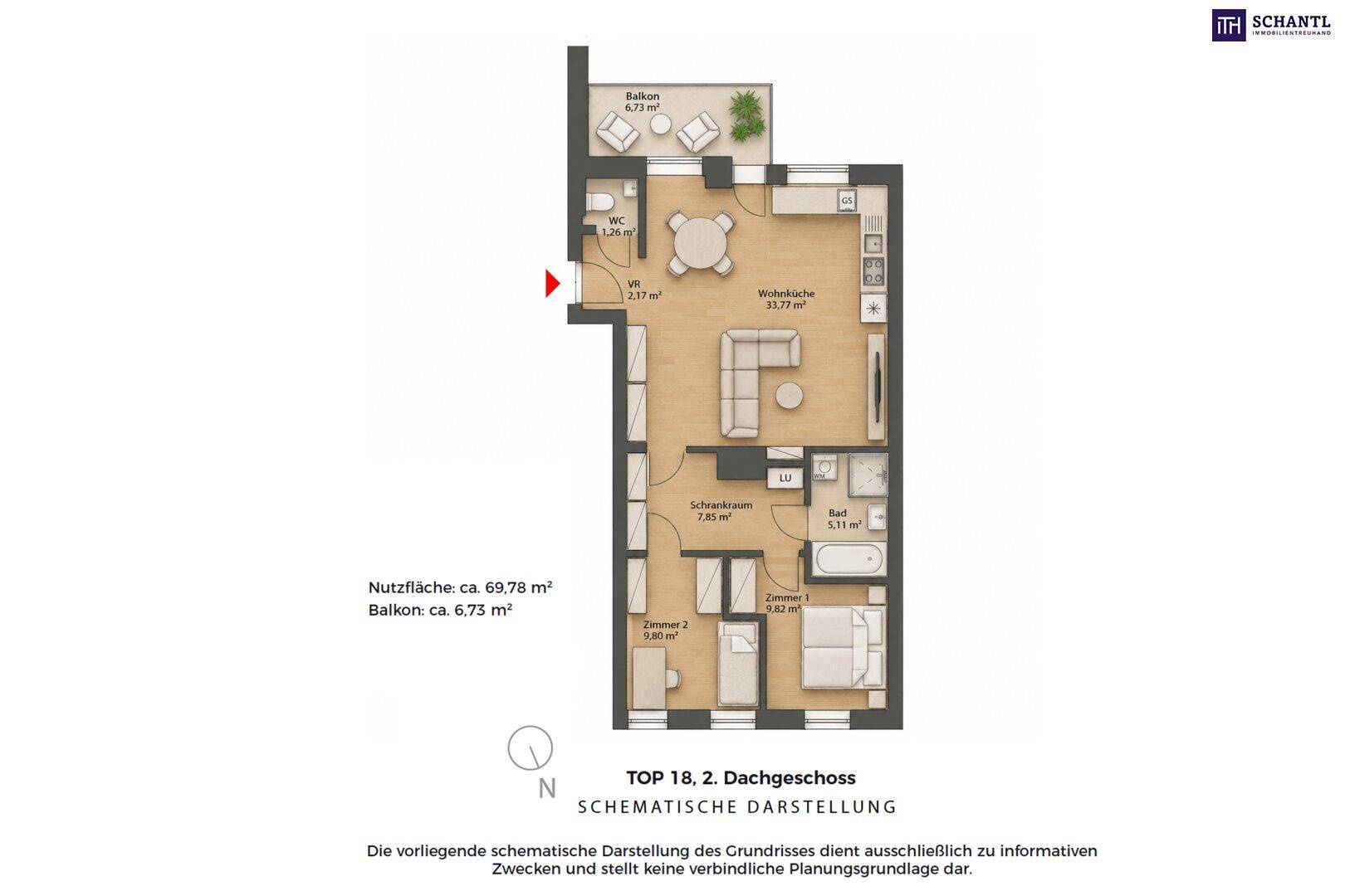 Schematische Darstellung eines Dachgeschoss-Grundrisses mit offenem Wohn-Essbereich, zwei Schlafzimmern und separatem WC.