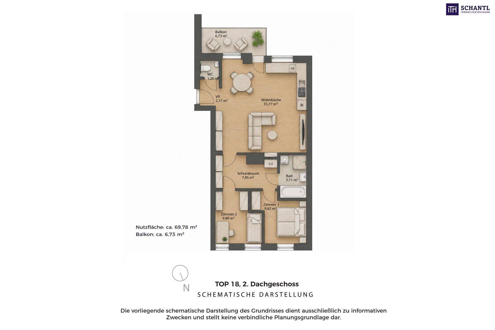Schematische Darstellung des Dachgeschosses mit Wohnküche, zwei Zimmern und Balkon.