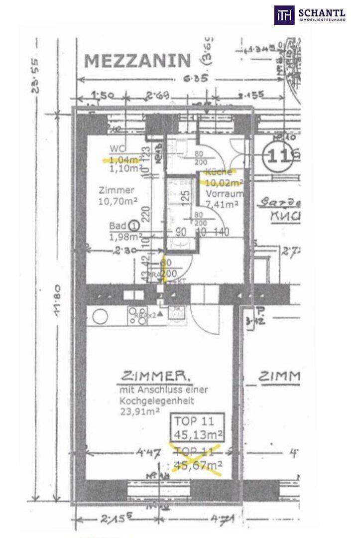 Grundriss des Mezzanin-Apartments mit separater Küche, Bad, WC und einem Zimmer mit Kochgelegenheit.