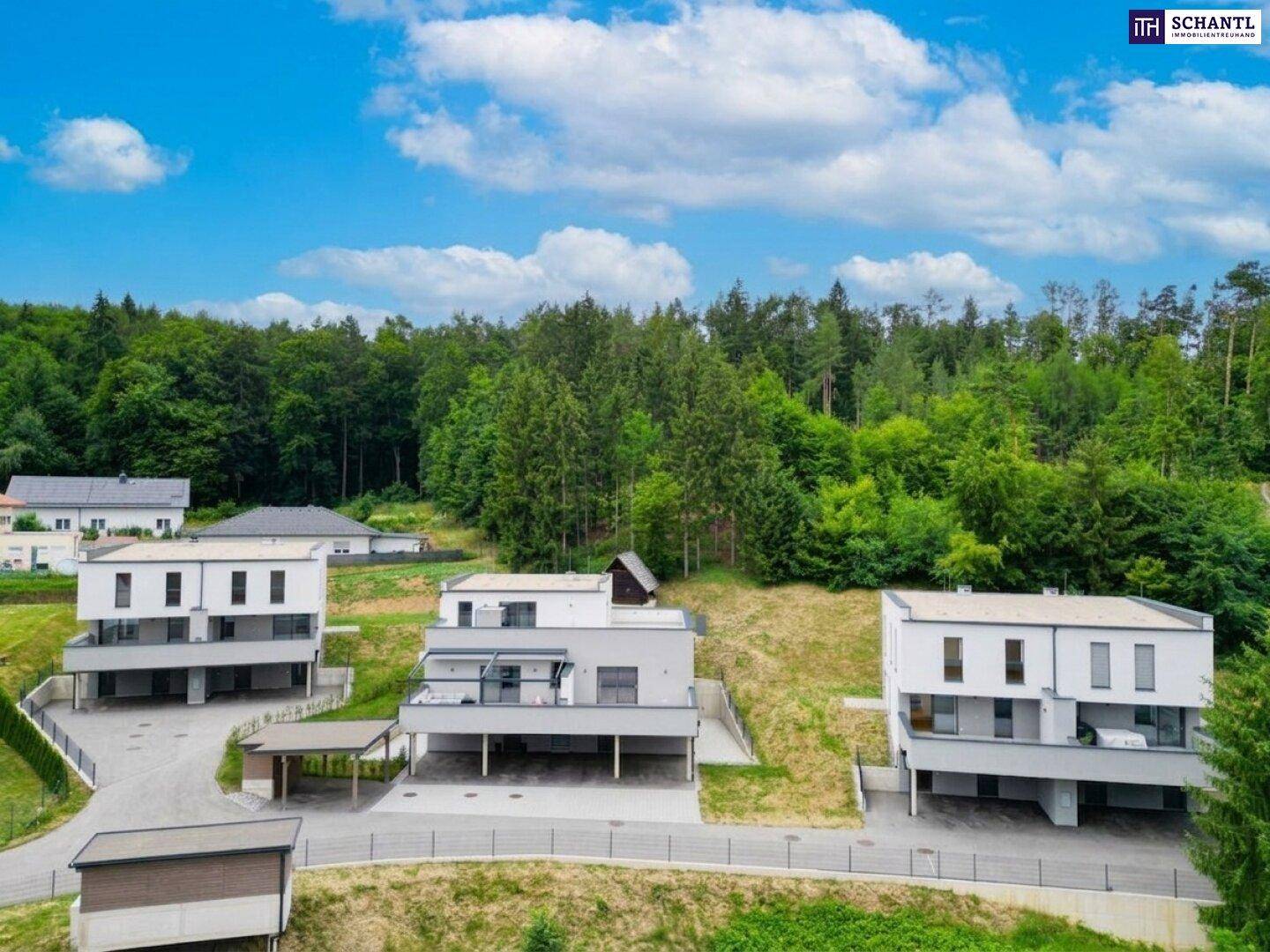 Moderne Wohngebäude in einer grünen Umgebung mit viel Baumbestand und Carports.