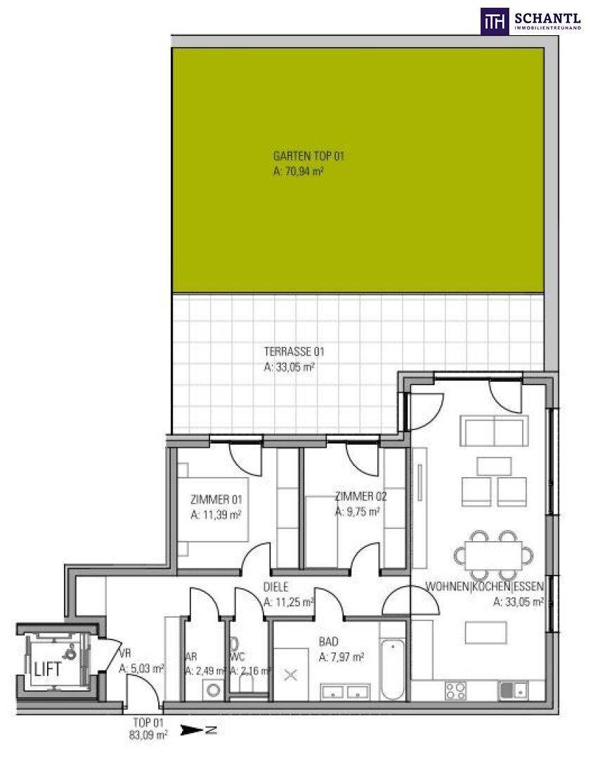 Grundriss einer Wohnung mit Garten, Terrasse, zwei Schlafzimmern und offenem Wohnbereich.