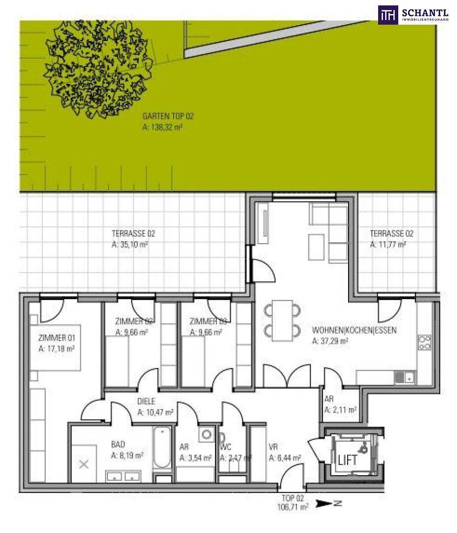 Grundriss der Wohnung Top 02 mit drei Zimmern, offenem Wohn-/Koch-/Essbereich, Bad, WC und zwei Terrassen.