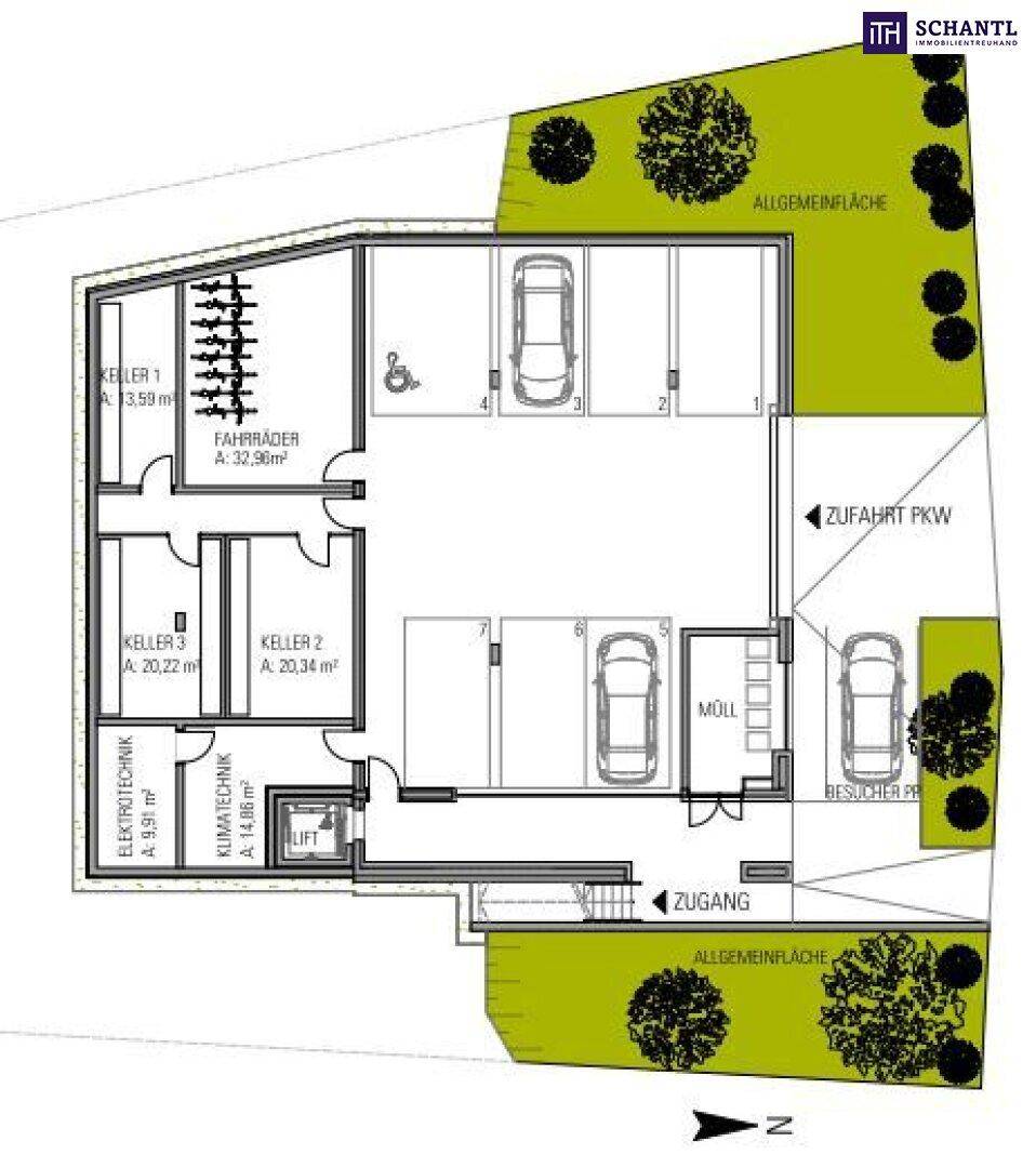 Grundriss des Untergeschosses mit Tiefgarage, Kellerräumen, Fahrradraum und Technikbereichen.