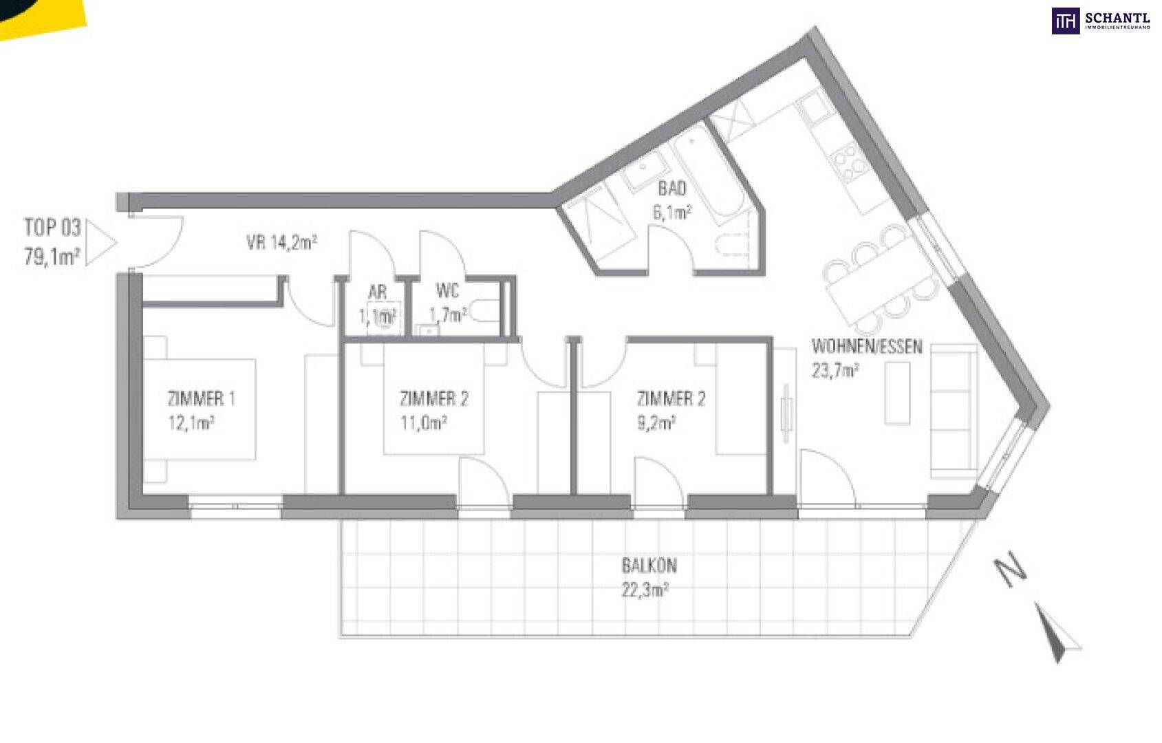 Grundriss einer Wohnung mit drei Zimmern, einem Bad, separatem WC und großem Balkon.