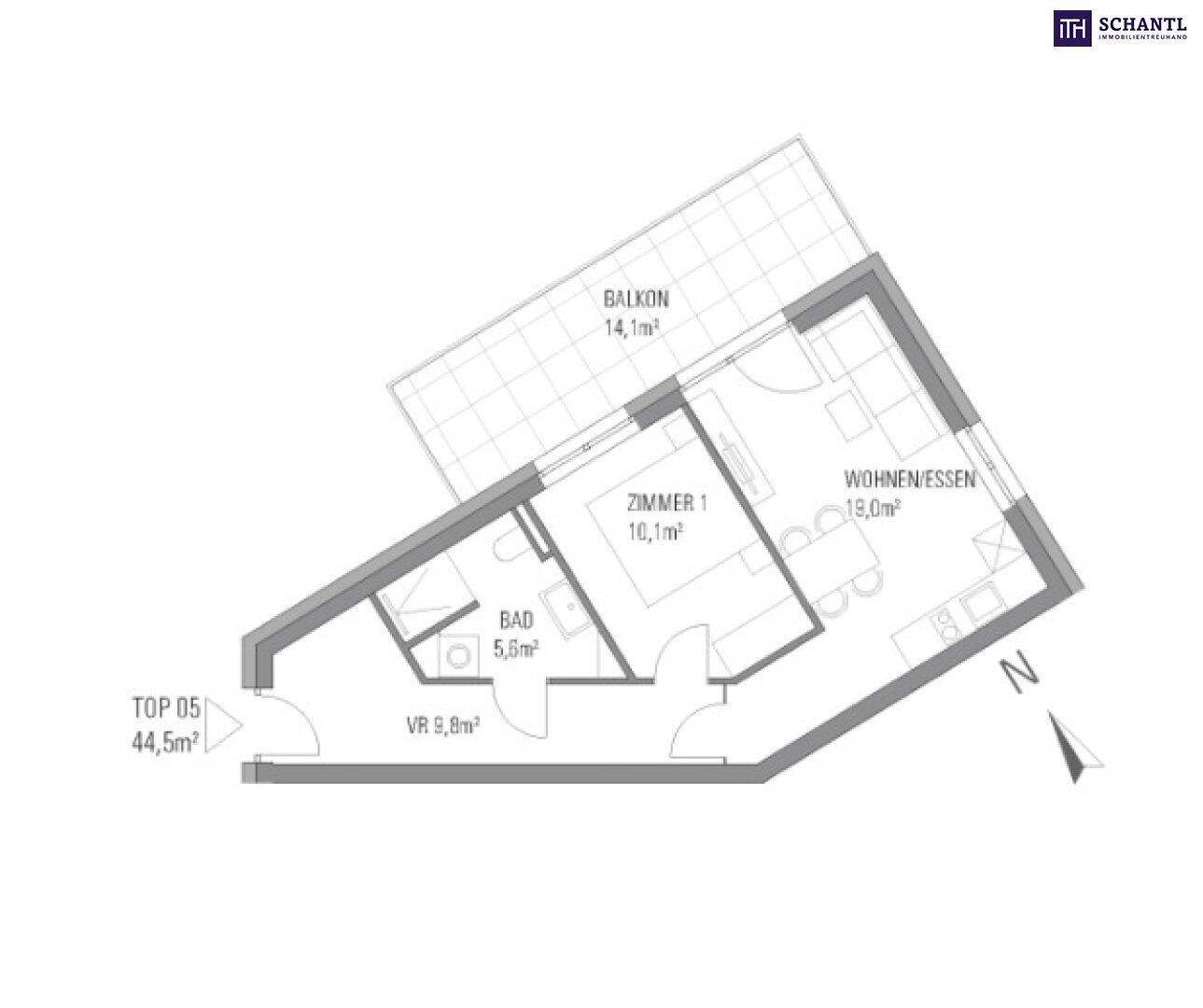 Grundrissplan einer Wohnung mit Wohn-/Essbereich, einem Zimmer, Bad und einem Balkon.
