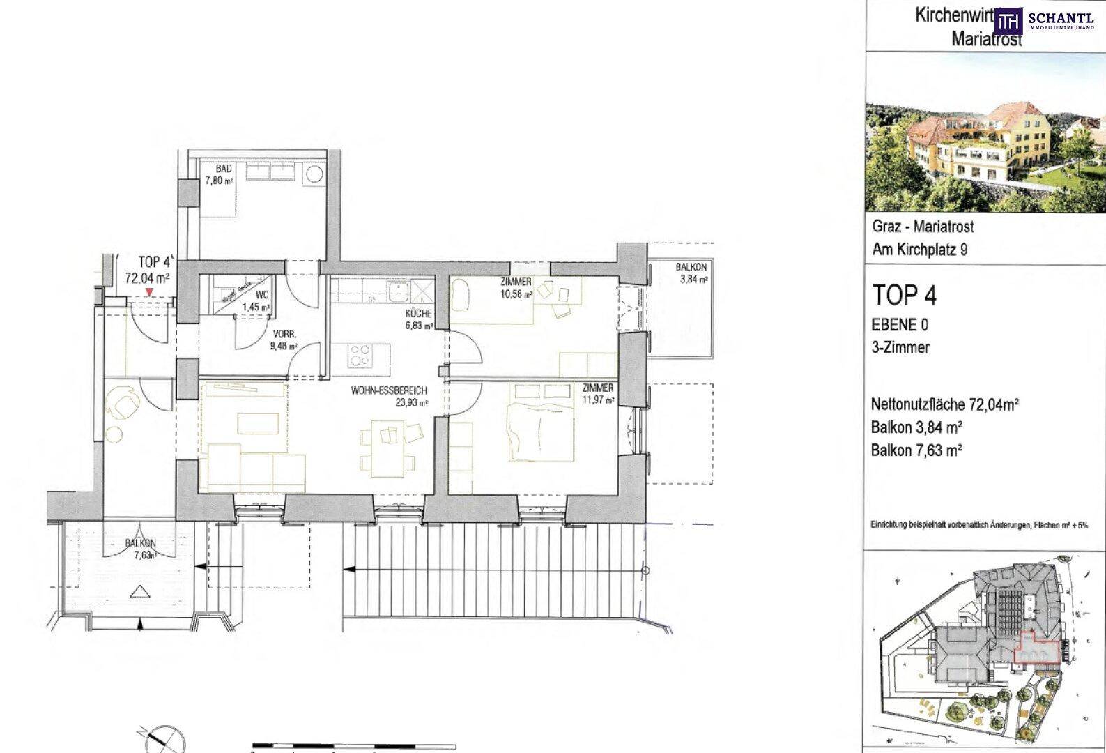 Grundriss einer 3-Zimmer-Wohnung mit Wohn-Essbereich, Küche, Bad, WC und zwei Balkonen.