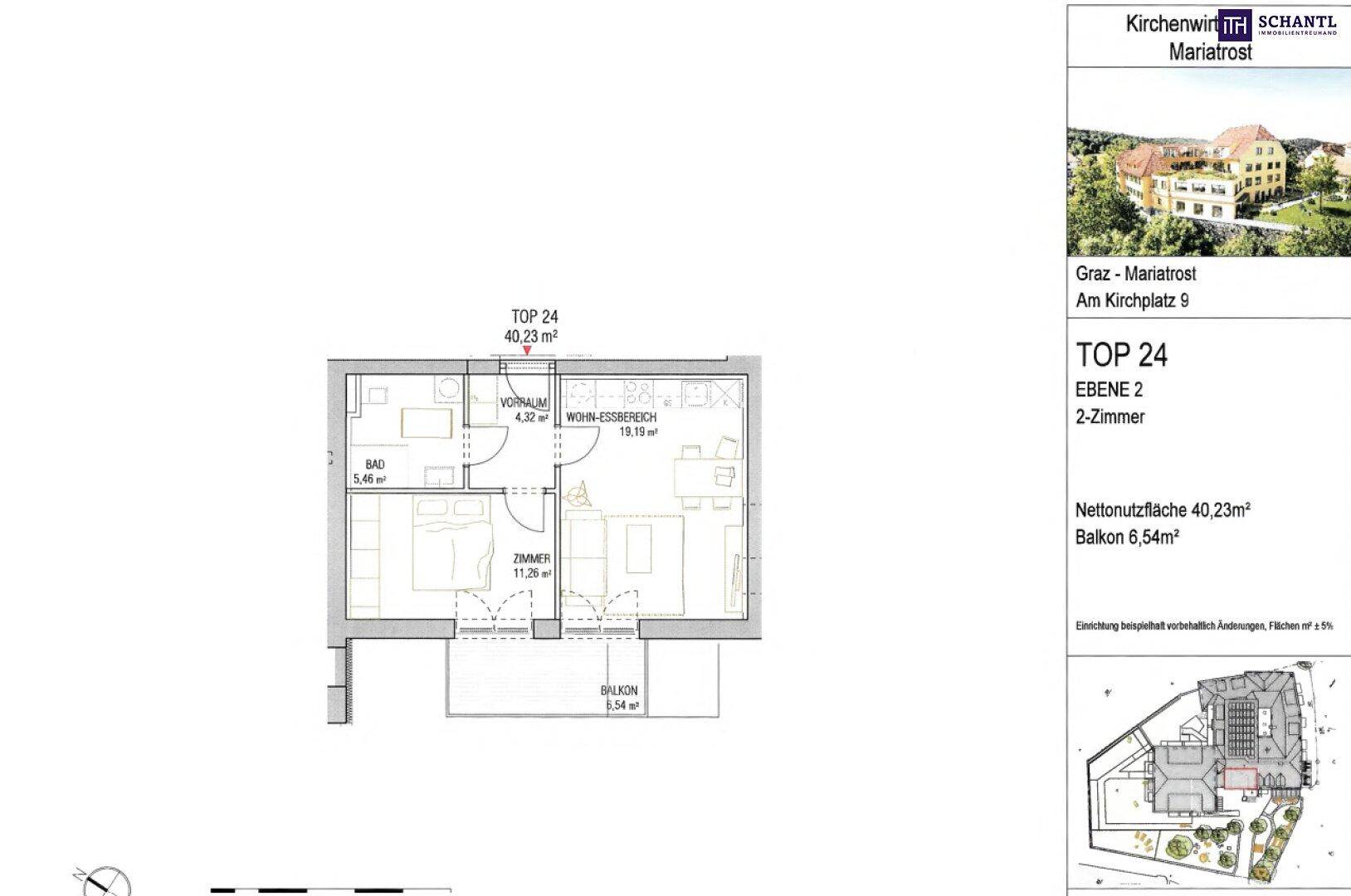 Grundriss der Wohnung TOP 24 mit Wohn-Essbereich, Schlafzimmer, Bad und Balkon.
