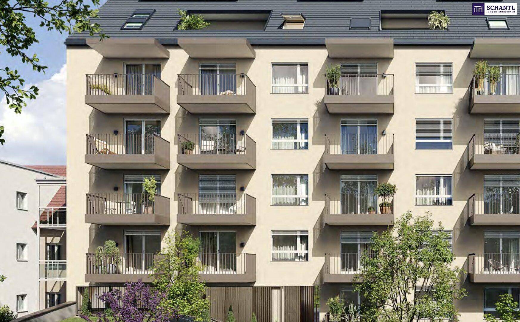 Detailansicht der modernen Gebäudefassade mit zahlreichen Balkonen und grüner Umgebung.