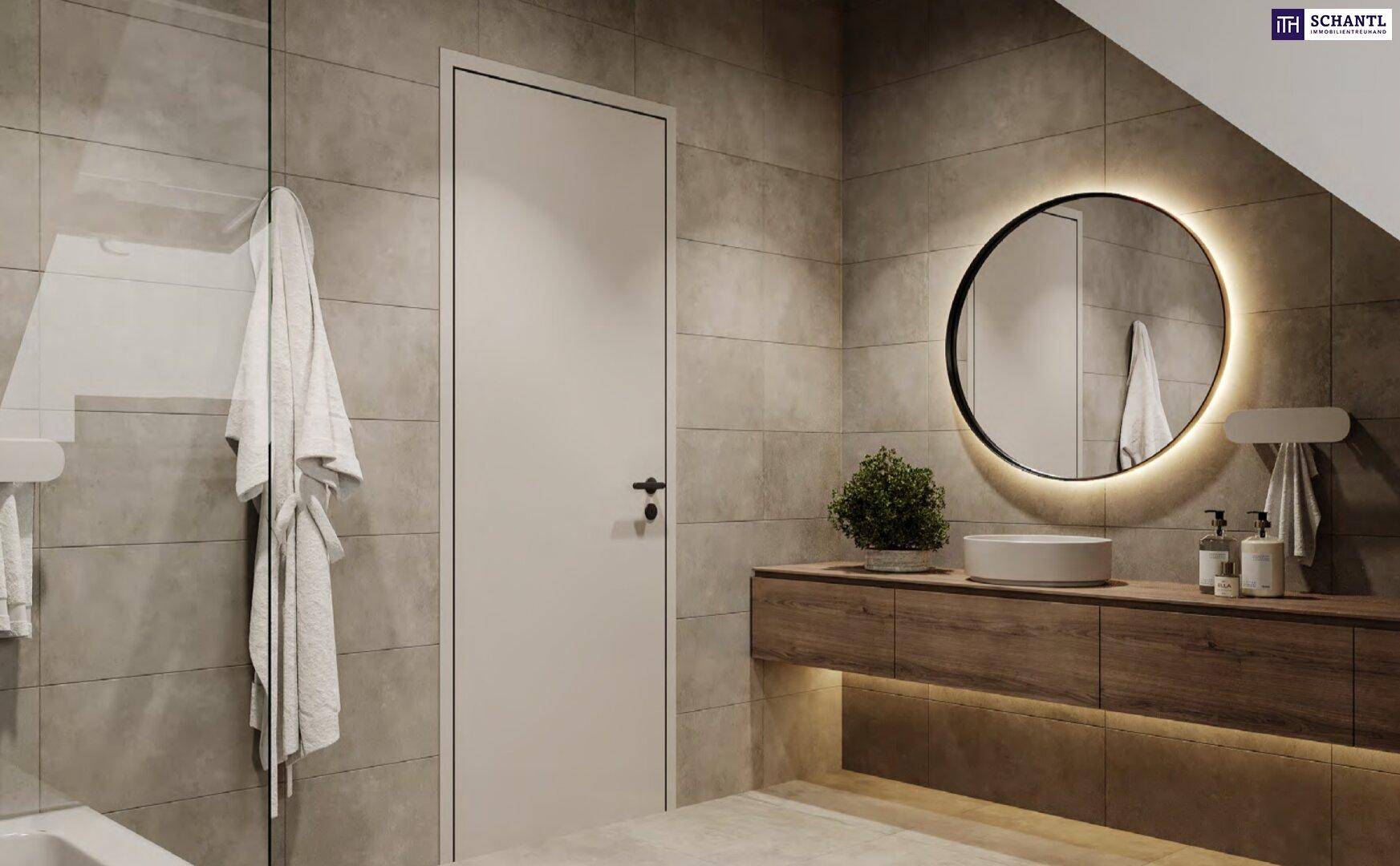 Modernes Badezimmer mit begehbarer Dusche, beleuchtetem Spiegel und Holzwaschtisch.
