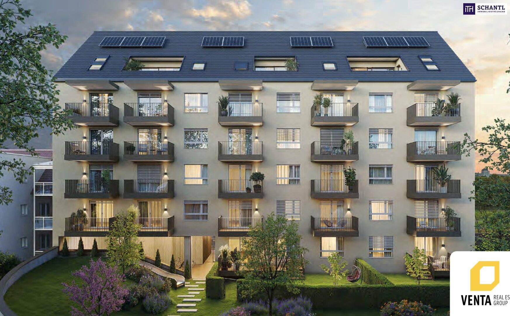 Visualisierung der modernen Wohnanlage mit begrüntem Außenbereich und Solaranlage auf dem Dach.