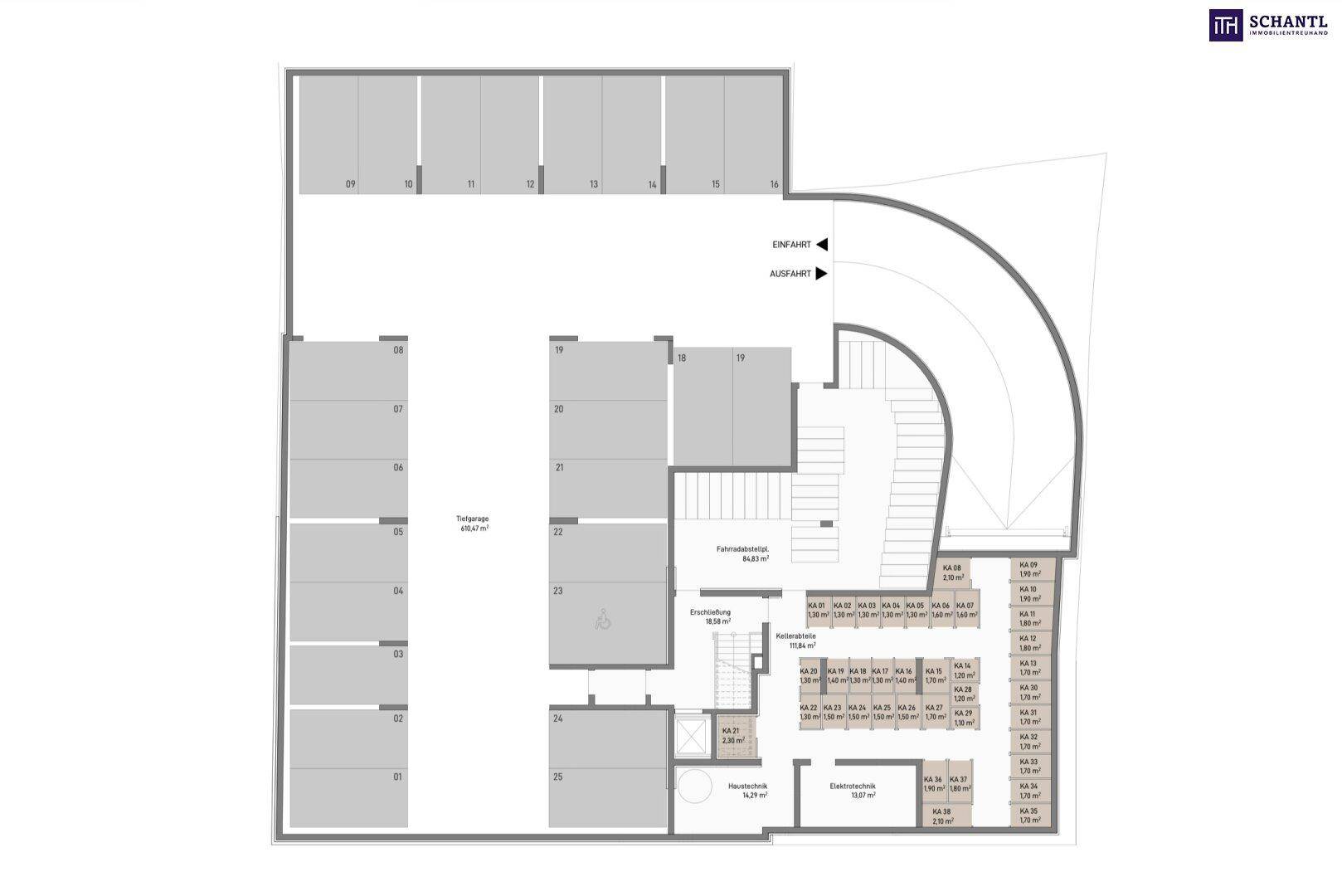 Grundriss der Tiefgarage mit Stellplätzen, Fahrradraum und Abstellräumen.