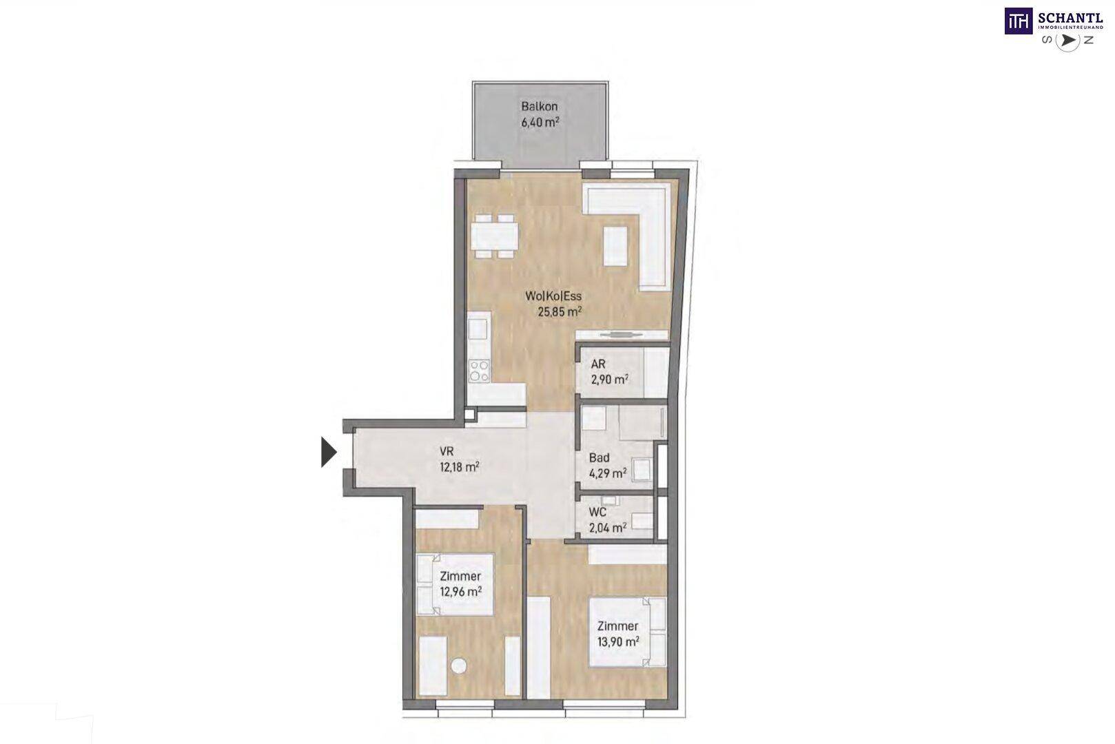 Detaillierter Grundriss einer Wohnung mit offenem Wohnbereich, zwei Schlafzimmern und Balkon.