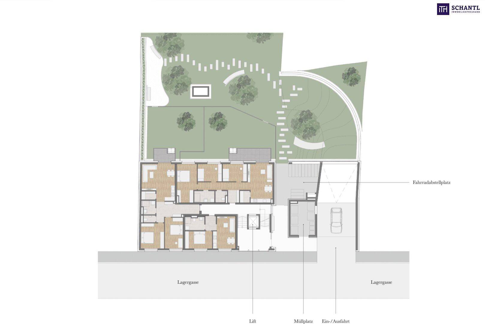 Grundriss des Erdgeschosses mit Gartenbereich, Zufahrt und Eingangsbereich.