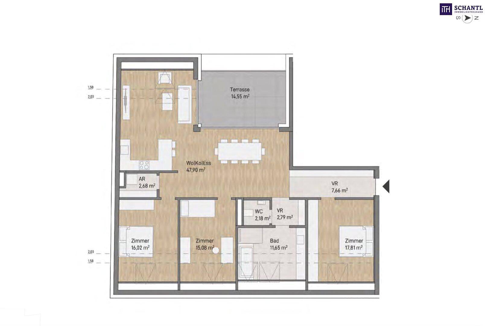 Grundriss der Wohneinheit mit offenem Wohnbereich, drei Zimmern, Bad und Terrasse.