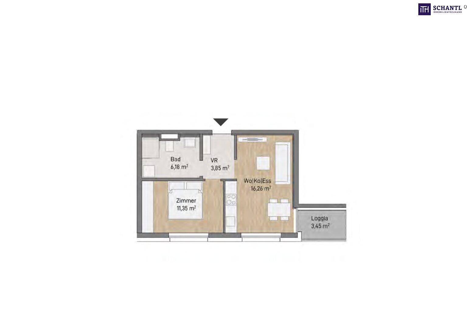 Grundriss der Wohnung TOP 27 mit Bad, Schlafzimmer, offenem Wohn-Koch-Essbereich und Loggia.